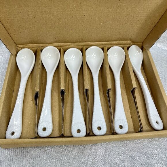 WHITE CERAMIC Porcelain Condiment or Coffee Serving Spoons with box set of 6 - Picture 1 of 4